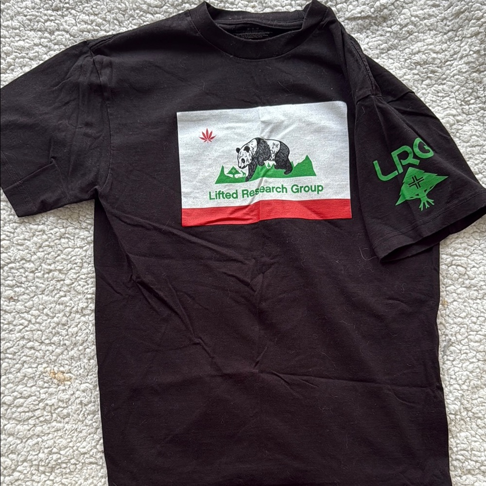 LRG Black Tee with Bear and Green Accents